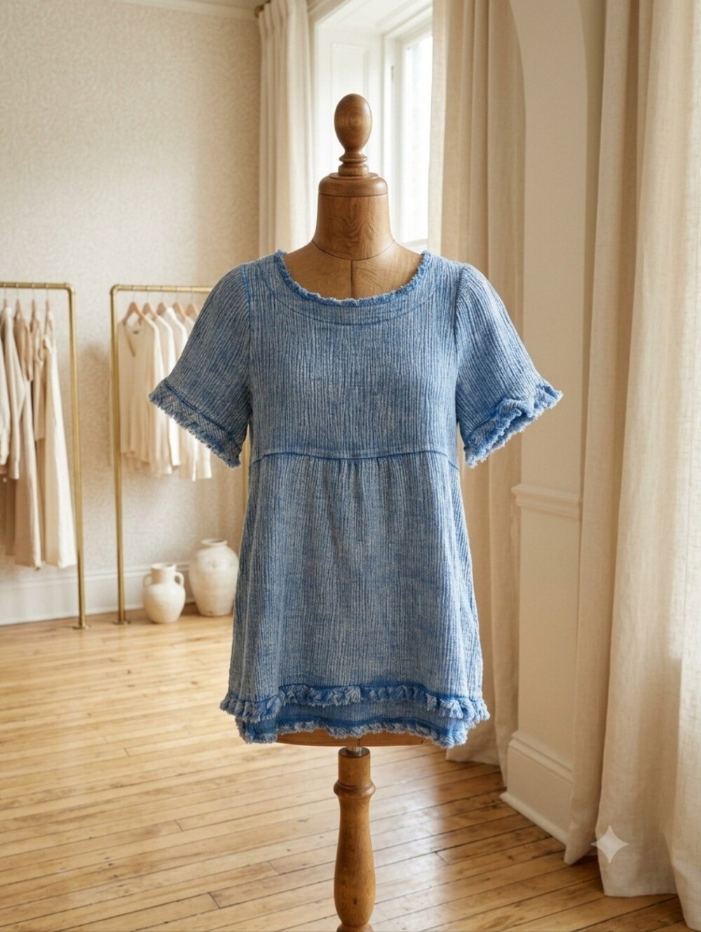 Umgee Blue Denim Look Raw Hem Short Sleeve Top – Small
